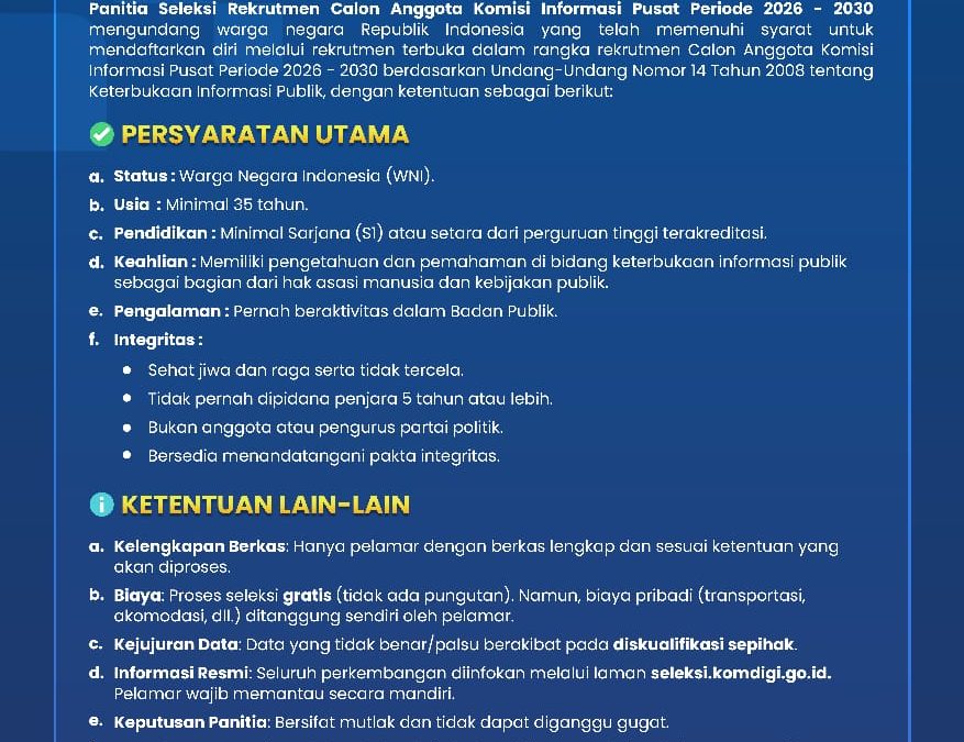 Rekrutmen Calon Anggota Komisi Informasi Pusat Periode 2026–2030 Resmi Dibuka